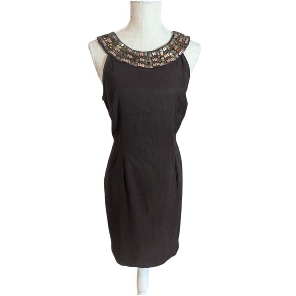 VTG Connected Dark Brown Sleeve-less Sheath Dress Petites Sz 12 Studded Neckline - Picture 1 of 3